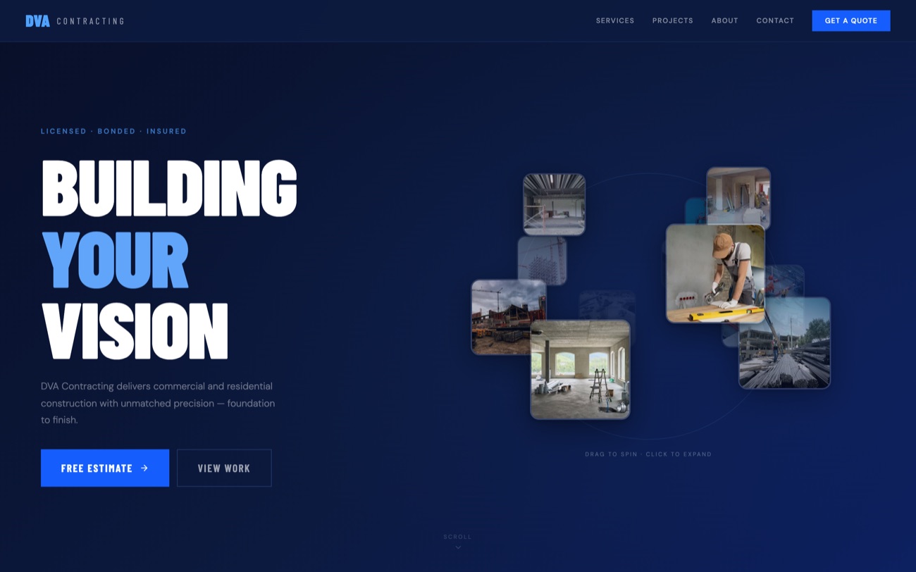 DVA Contracting website hero with interactive project gallery