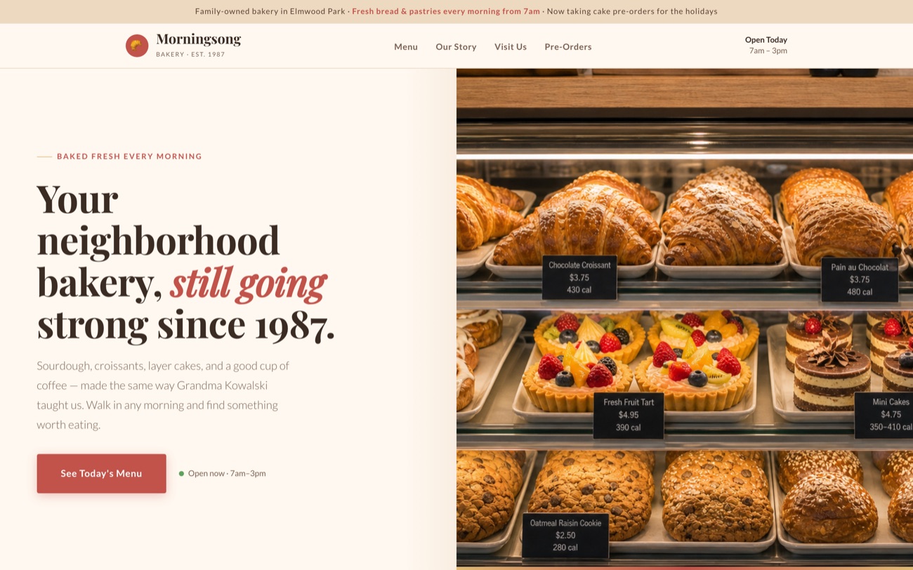 Morningsong Bakery website with menu and pre-orders